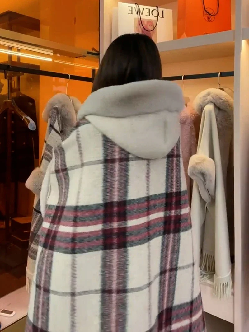 Hot Thickened Fleece-lined Plaid Poncho Cape Winter New Style Faux Rabbit Fur Hooded Large Size Woolen Coat for Women