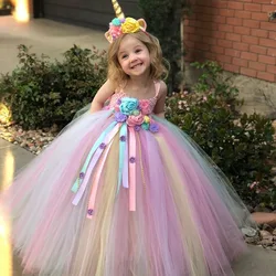 Girls Pastel Unicorn Flower Tutu Dress Kids Crochet Tulle Strap Dress Ball Gown with Daisy Ribbons Children Party Costume Dress