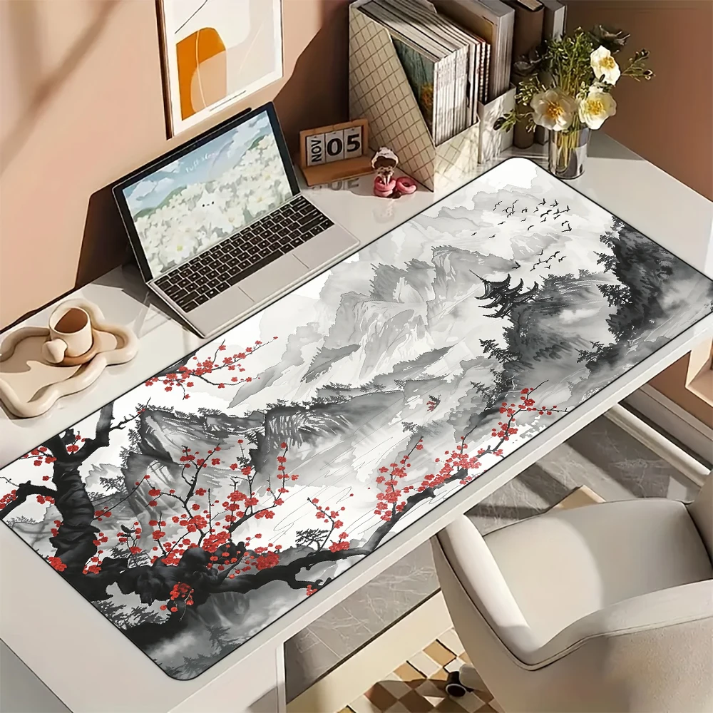 Коврик для мыши Настольный коврик с чернильной стиральной художественной иллюстрацией Коврик для мыши с прошитыми краями Нескользящая резиновая основа Клавиатура Расширенный коврик игровой коврик