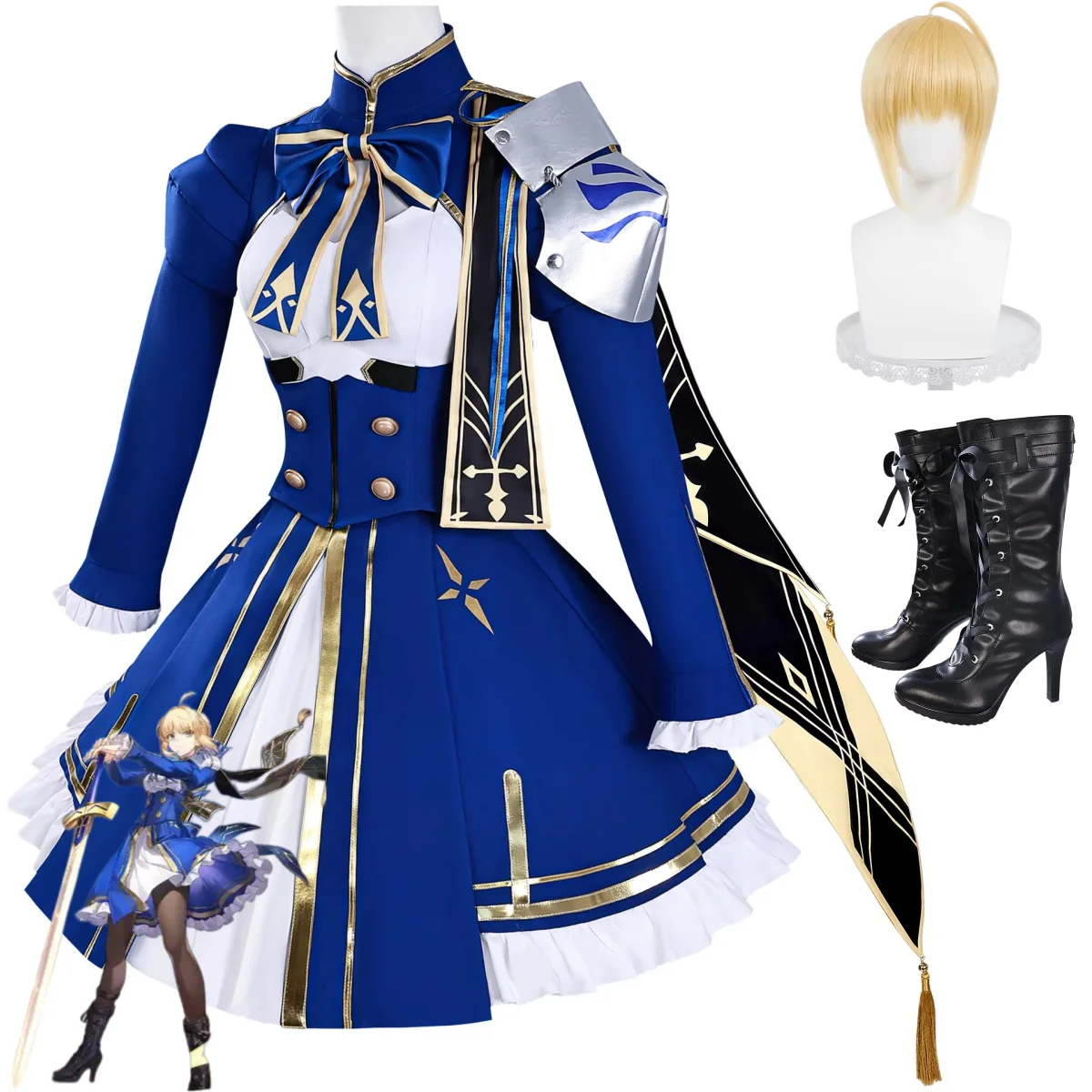 Disfraz de Cosplay de Altria Pendragon de Fate/stay Night, Uniforme de Batalla de Honkai: Star Rail, Falda, Peluca, Zapatos, Traje Sexy de Carnaval para Mujer