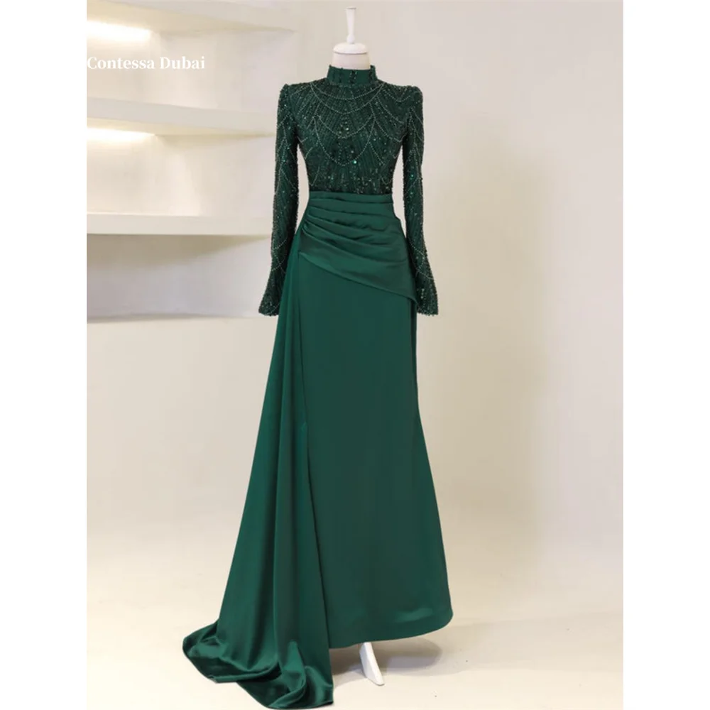 

Contessa Dubai Trumpet Shiny Bead Embroidery Prom Dress Turtleneck Long Sleeveفساتين سهراتFloorLengthSrobes de soirée