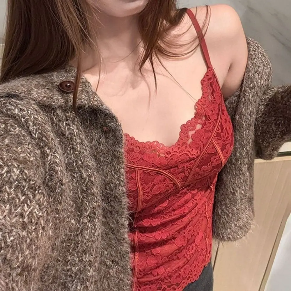 Top corto de encaje ajustado con flores de malla, camisa con cuello en V, chaleco para niña, Top picante, chaleco estilo para niña, camisola con almohadillas