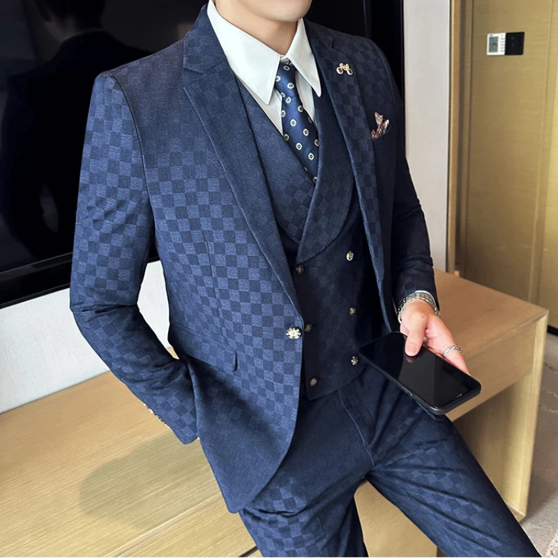 kx357 Fashion New Men Boutique Plaid Business Wedding Groom Suit Three Piece Set 3 Pcs Dress Blazers Jacket Coat Pants