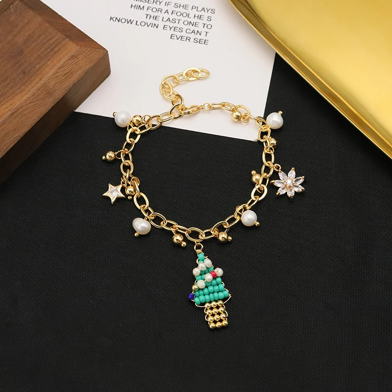 GLSEEVO Cute Christmas Charm Bracelet Snowflake Xmas Tree Pearl Bling Beads Chain Link Adjustable Holiday For Women Girls