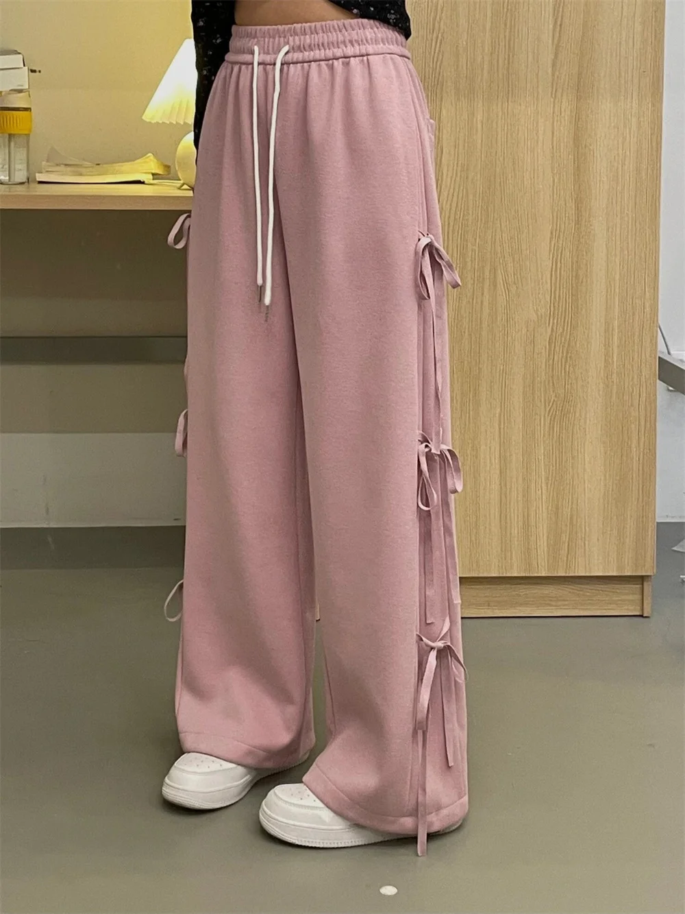 Y2k Soft Cotton Women Lounge Pants Bow Detail Side Ties Relaxed Fit Elastic Waist Comfortable Casual Sweatpants Grey Home Wear