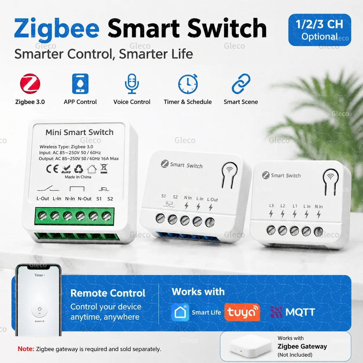 Zigbee Smart Switch 1/2/3Gang Extreme Relay Externes Mini-Schaltermodul für Smart Life TUYA APP Zigbee2mqtt Fernbedienung