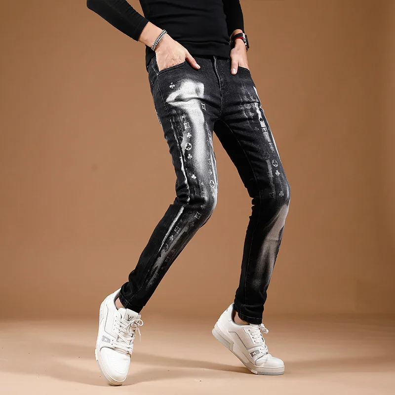 Black Jeans Men's Slim Fit Skinny Stretch Nightclub Party Printed Pants Personality Street Fashion Denim Trousers