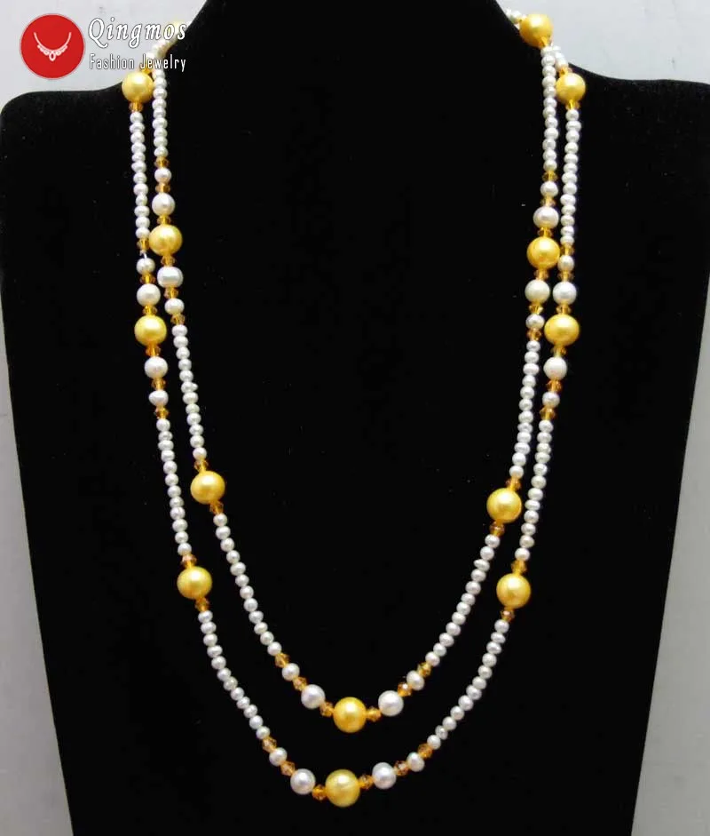 

Qingmos 4-5mm Round Natural White Pearl Necklace with 10mm Yellow Round Pearl Pendant Necklace Yellow Crystal 45'' Long Necklace