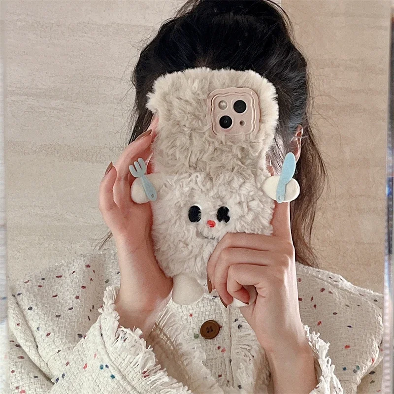 Winter Rabbit Fluffy Fur Phone Case For iPhone 16 15 14 13 Pro Max 14 Plus 15 Plus Cute Warm Furry Shockproof Soft Back Cover