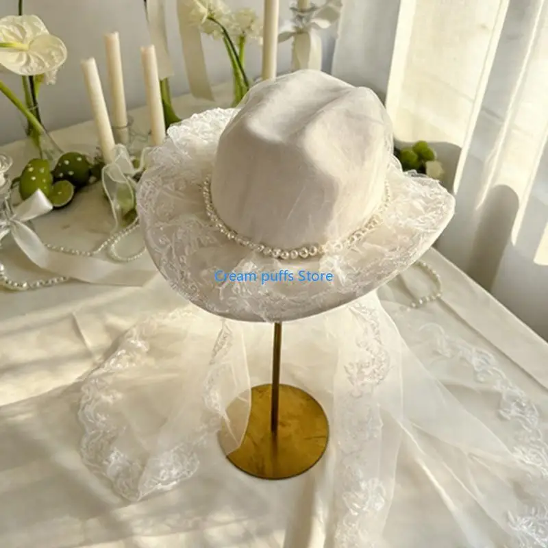 50LE Romance Cowboy Cap With Pearls for Brides Embroidery Flower Veil Fedoras Hat for Western Weddings and Event Photoshoots