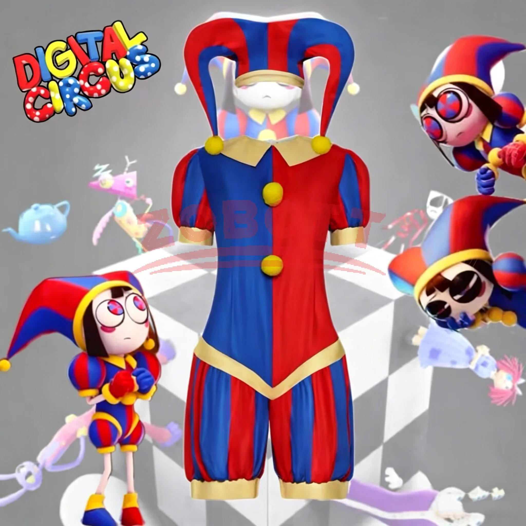 Anime Pomni Cosplay Kostüm The Amazing Digital Circus Cartoon Uniform Hut Handschuhe Halloween Party für Frauen Männer Kinder Kostüme