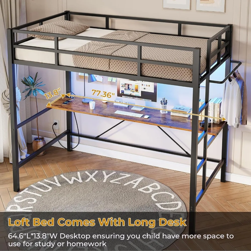 Loft Bed Twin Size  Desk and Charging Station Twin Metal Loft Bed Led Lights Twin Metal Bed Frame with Safety Guard & Ladder