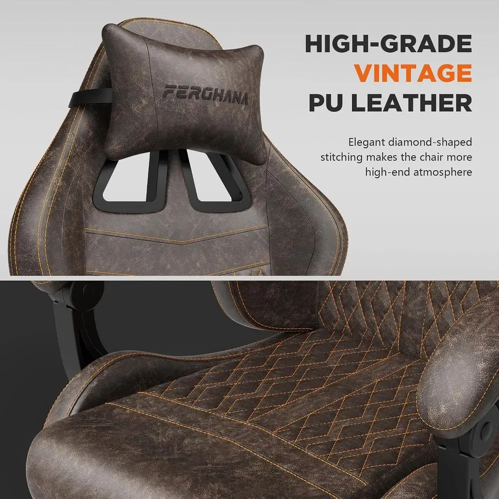 Ergonomic Vintage-Style PU Leather Gaming Chair with Massage, High-Back Recliner for Adults, Racing-Inspired Video Game Seat (Br view 4