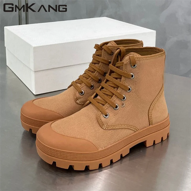 Thick Sole Short Boots Woman Canvas Boots Female Lace Up Round Toe Flat Motorcycle Boots Women High Top Sneakers Women