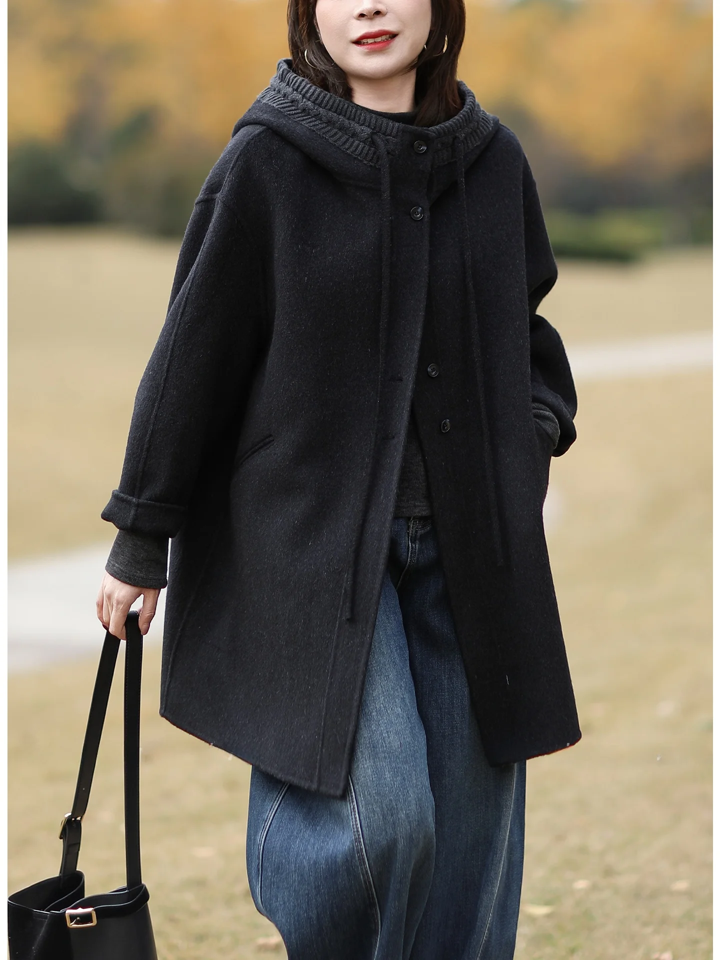 

Loose Casual Double-sided Wool Knitted Hat Coat Korean Sle Mid-length Women's Thi Winter Coat Outerwear Long Sve