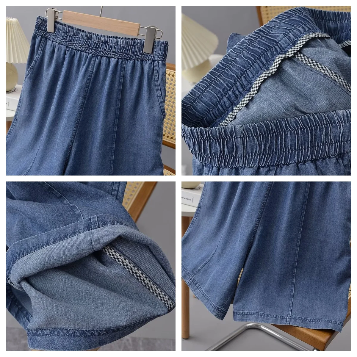 Lyocell-Short en Denim pour Femme, Taille Haute artificiel astique, Jambes Larges, Pantalon Décontracté, Longueur Genou, Grande Taille, Été