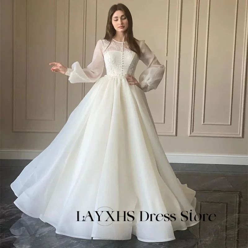LAYXHS Modest Organza O-Neck Wedding Dress A-Line Button Lace Applique Puff Long Sleeves Bridal Gowns Customized robe de mariée