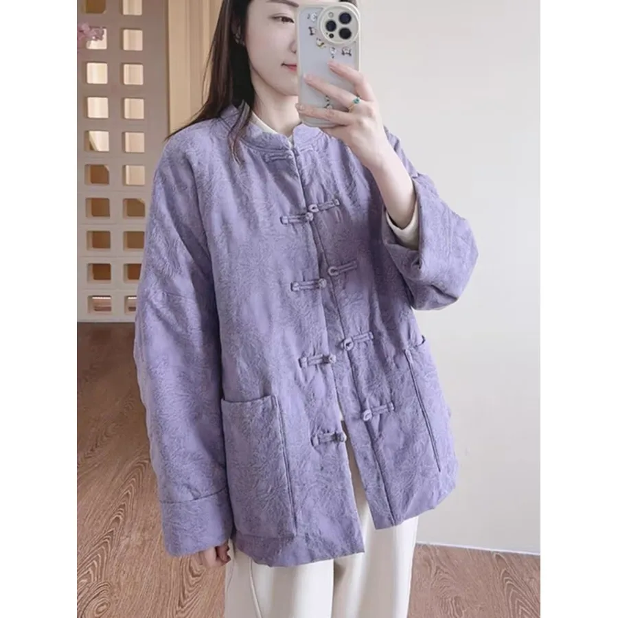 

Women's Loose Cotton Jaet Retro Chinese Sle Buttoned Linen Cotton Embroidery Winter New Arrival Faion Ladies Coat