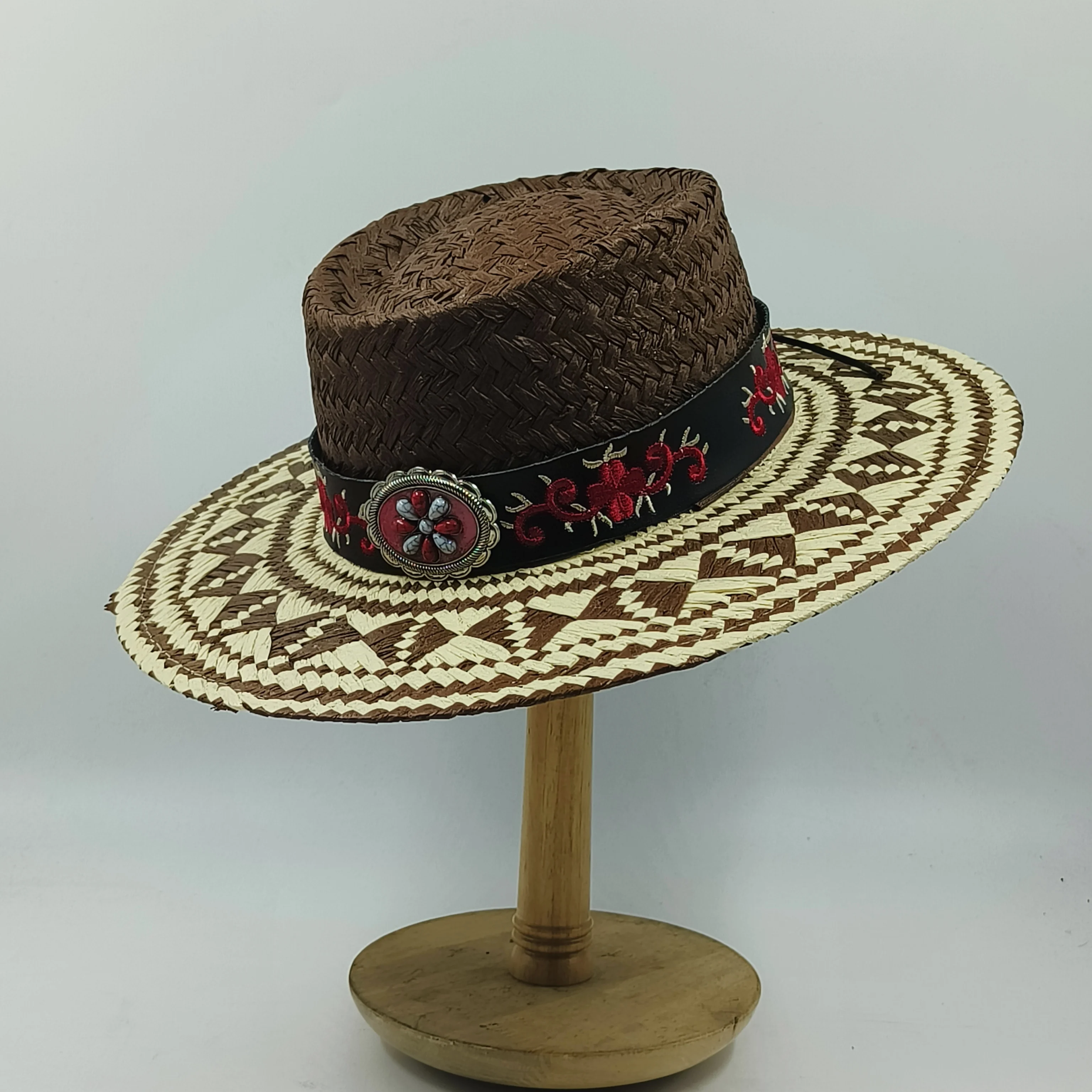 Raffia straw hat for men women Bohemian stitched straw feather decoration hat vacation sun hat pattern beach summer hat panama