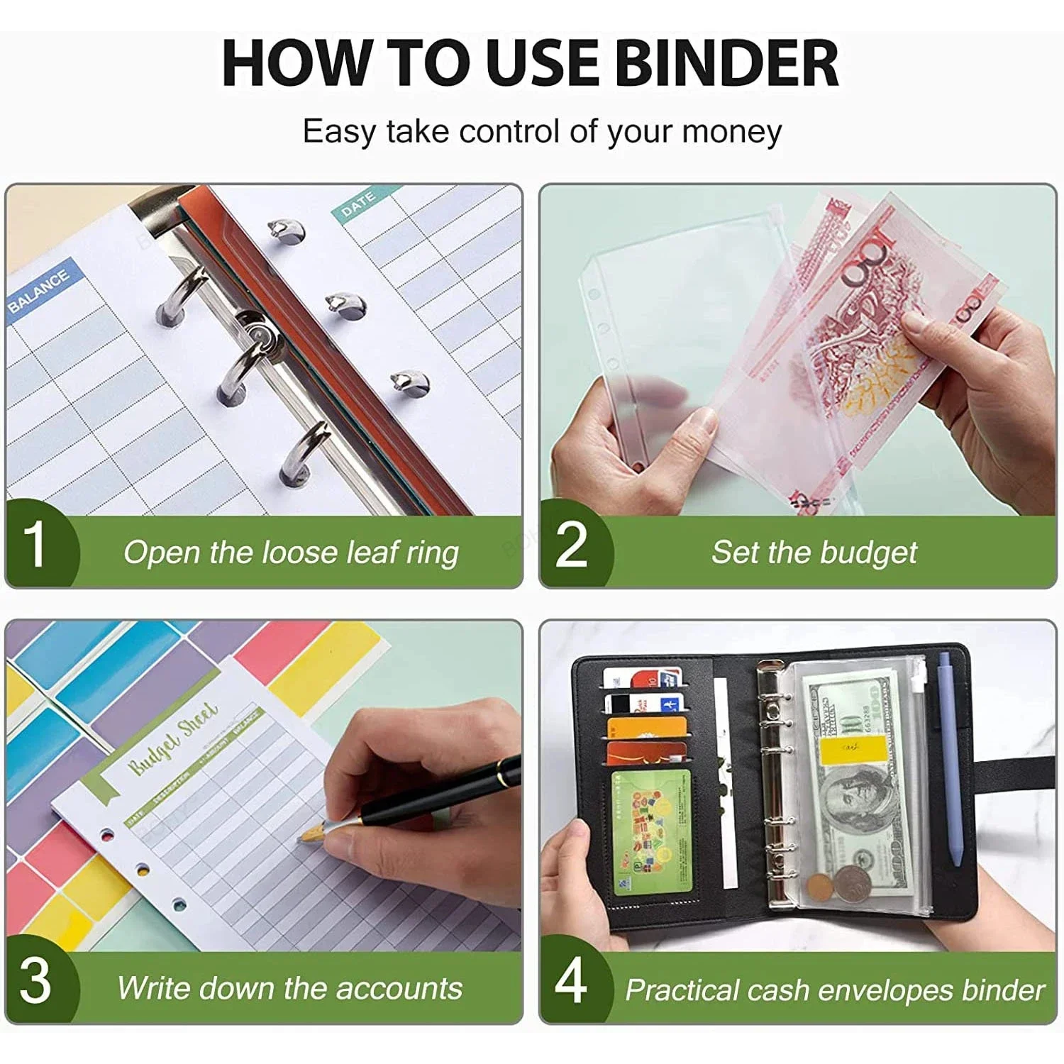 New A6 Pu Leather Budget Binder Notebook Cash Envelopes System Set Clip-On Binder Pockets for Money Budget Saving Bill Organizer