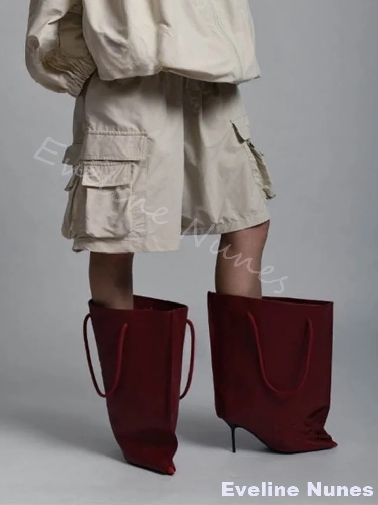 واسعة الساق فضفاضة باليد أحذية طويلة النساء الأحمر الجلود خنجر كعب أشار تو الانزلاق على بنطلون الأحذية السوداء تصميم الأزياء الأحذية #4