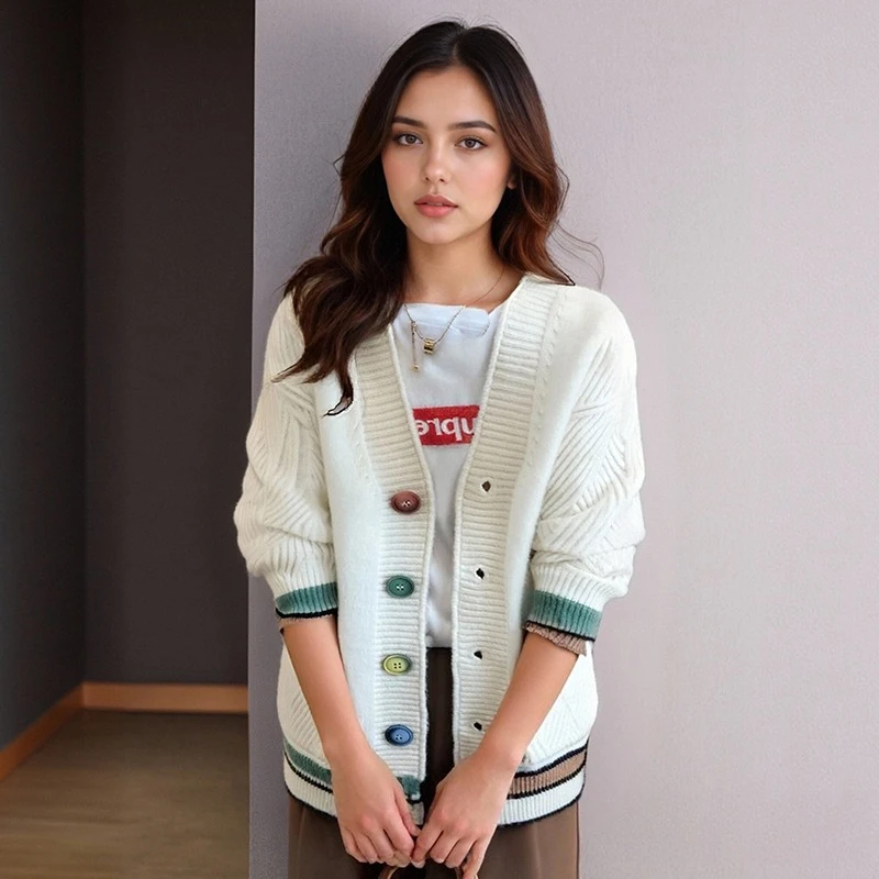 

Модный свободный кардиган с v-образным вырезом в консервативном стиле, женские повседневные вязаные куртки с карманами, осенний новый корейский трикотаж на пуговицах