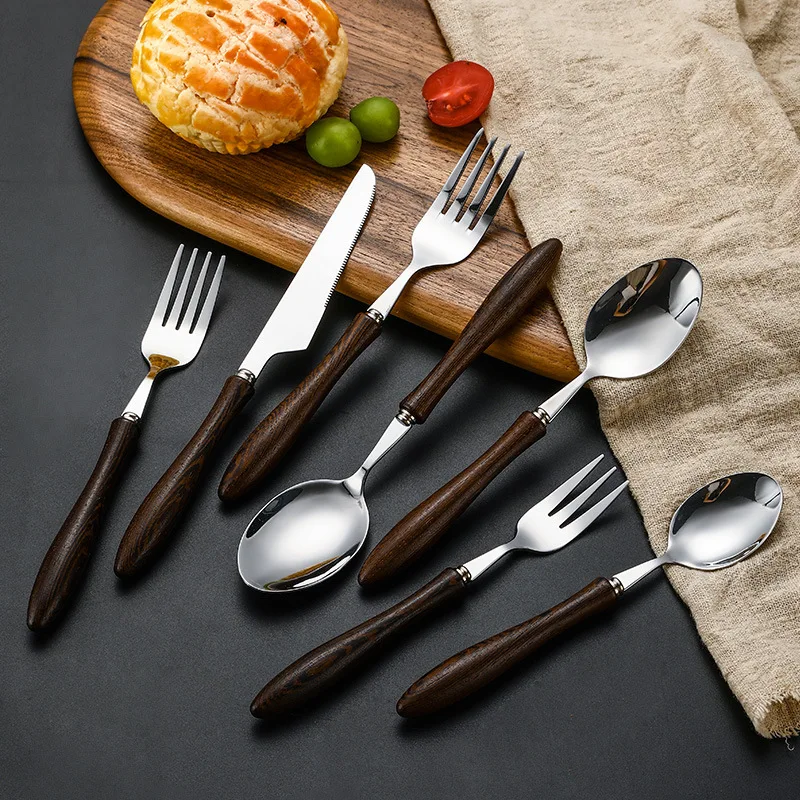 Stainless Steel Wooden Handle Tableware Western Cookware kit Japanese Style Hotel Utensils For Kitchen Fork Spoon Knife Set