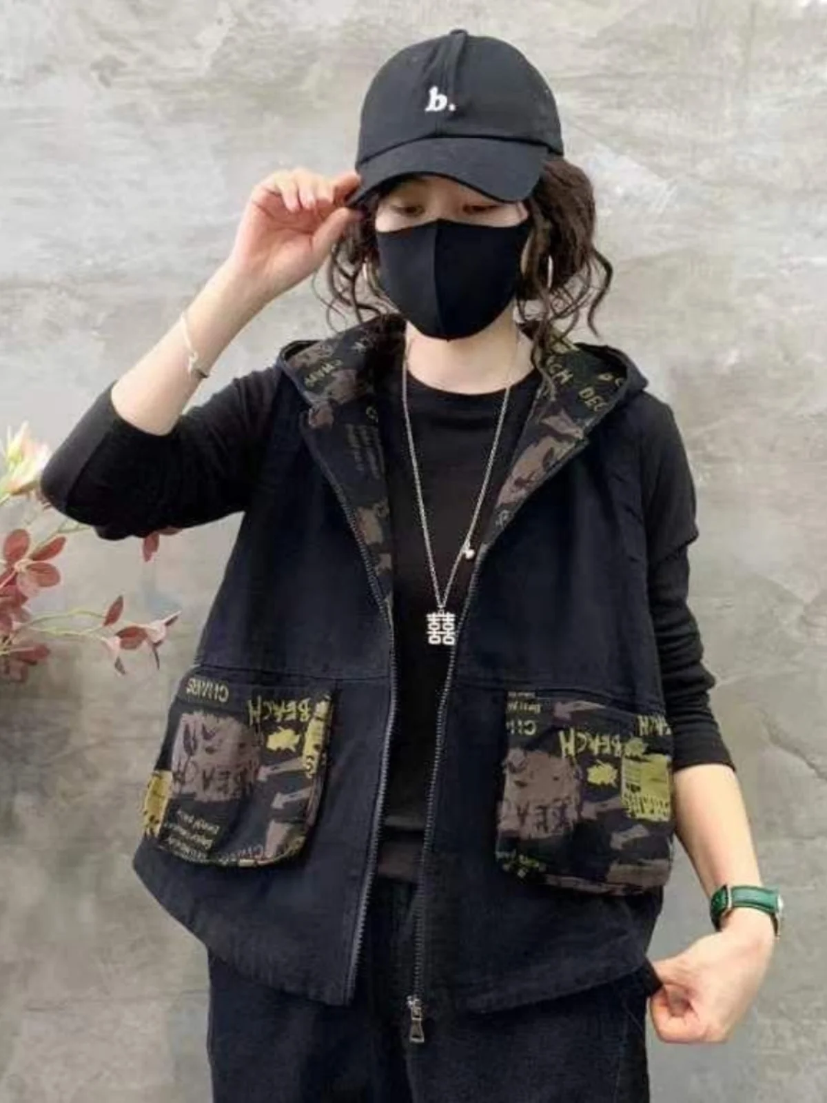 

Свободный джинсовый жилет с капюшоном и принтом, женская верхняя одежда, повседневная одежда с хлопковой подкладкой и капюшоном на осень