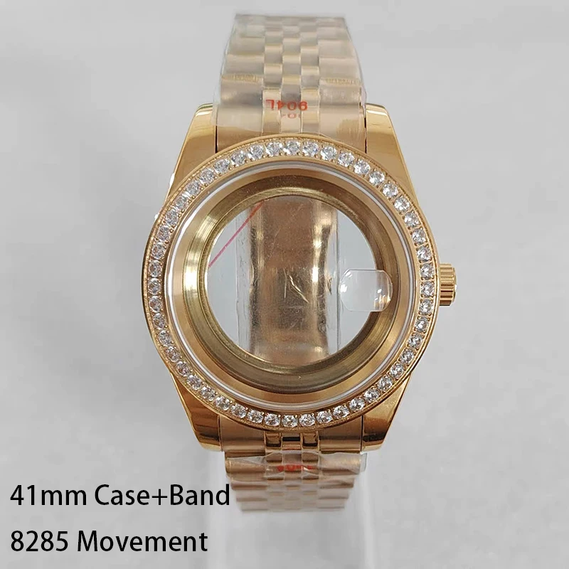 

Нержавеющая сталь 316L, 41 мм, инкрустированный золотом и бриллиантами, корпус для часов в классическом стиле + ремешок, циферблат 28,5 мм, водонепроницаемый, подходит для механизма 8285
