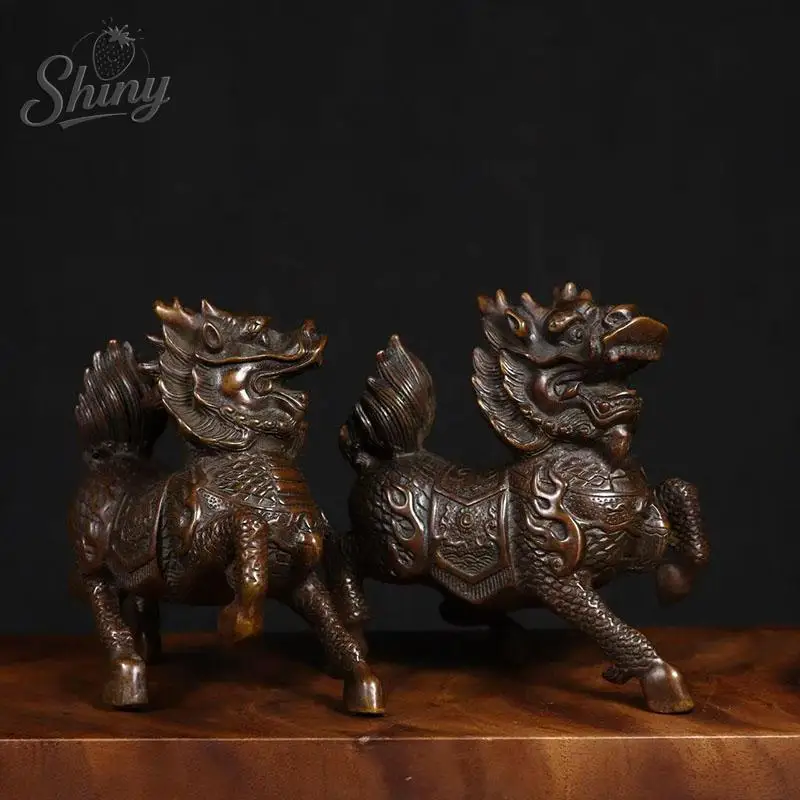 

1 пара антикварных статуй Кирин, украшение для гостиной, чайного стола, скульптура, металлические украшения для дома