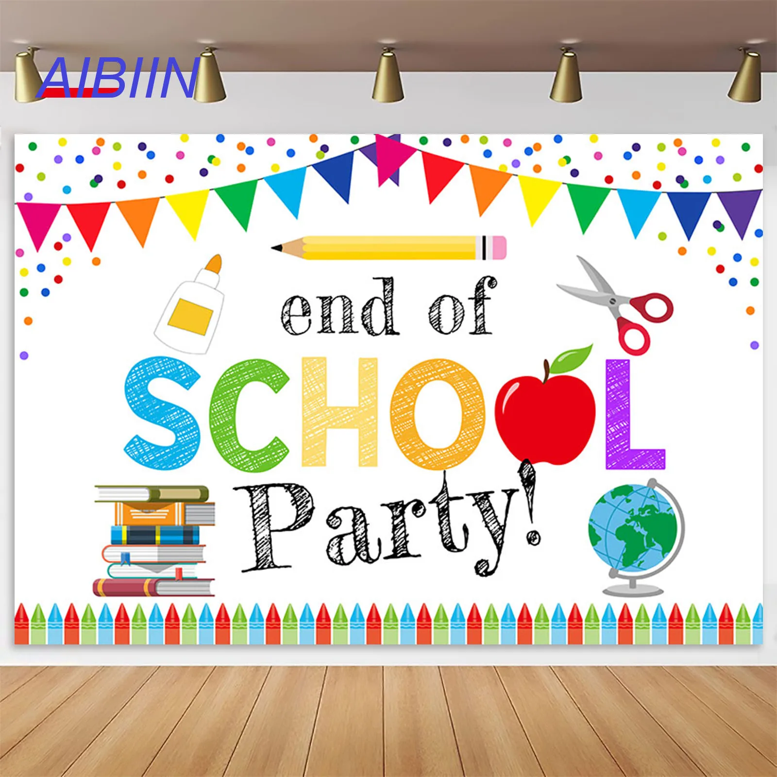 AIBIIN End of School Party Backdrop Colorful Pens Books Confetti Classroom Graduation Photography Background Decorations