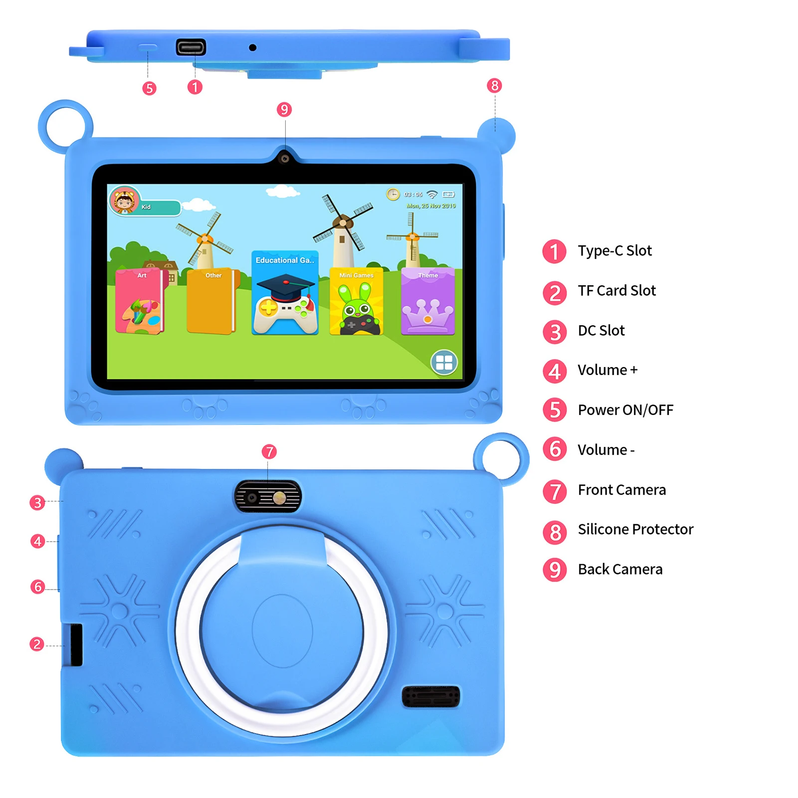 Learning Kids Tablets Android, 7 ", Quad-Core, 2GB + 32GB, WiFi, Bluetooth 4.2, Software Educacional Instalado com Case Kids-Proof