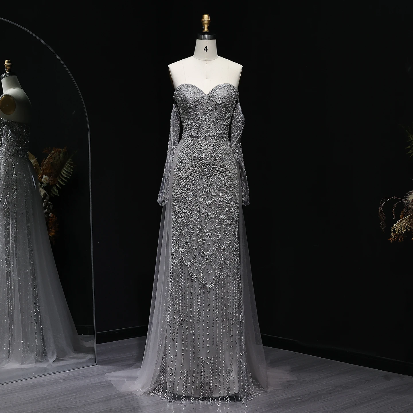 Sharon Said Luxury Gray Dubai Evening Dress with Cape Long Sleeves Detachable Overskirt for Women Wedding Party SS557 Customized image 3