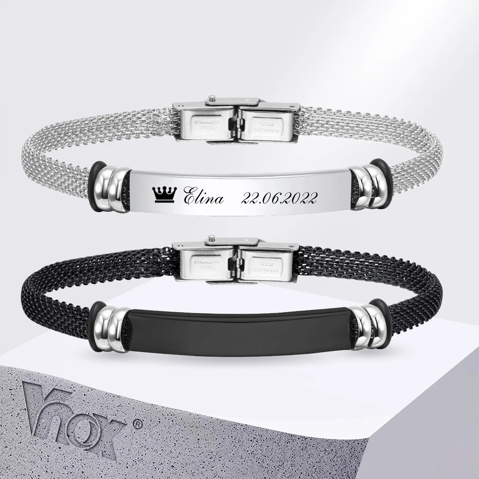 

Vnox Free Custom Bracelets for Men, Engraved Stainless Steel Bangle with Mesh Band, Personalized Gift for Him