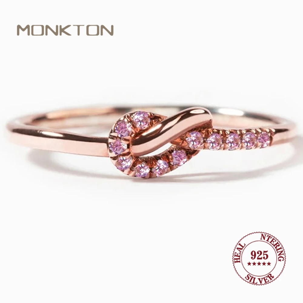 

Monkton S925 Sterling Silver Knot Engagement Rings for Women Pink Zirconia Wedding Band for Girlfriend Gift Fine Jewelry