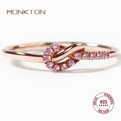 Monkton S925 Sterling Silver Knot Engagement Rings for Women Pink Zirconia Wedding Band for Girlfriend Gift Fine Jewelry