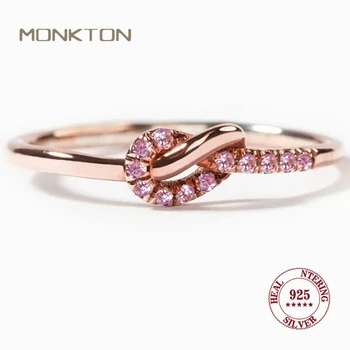 Monkton 여성용 S925 스털링 실버 매듭 약혼 반지, 핑크 지르코니아 웨딩 밴드, 여자 친구 선물, 파인 주얼리