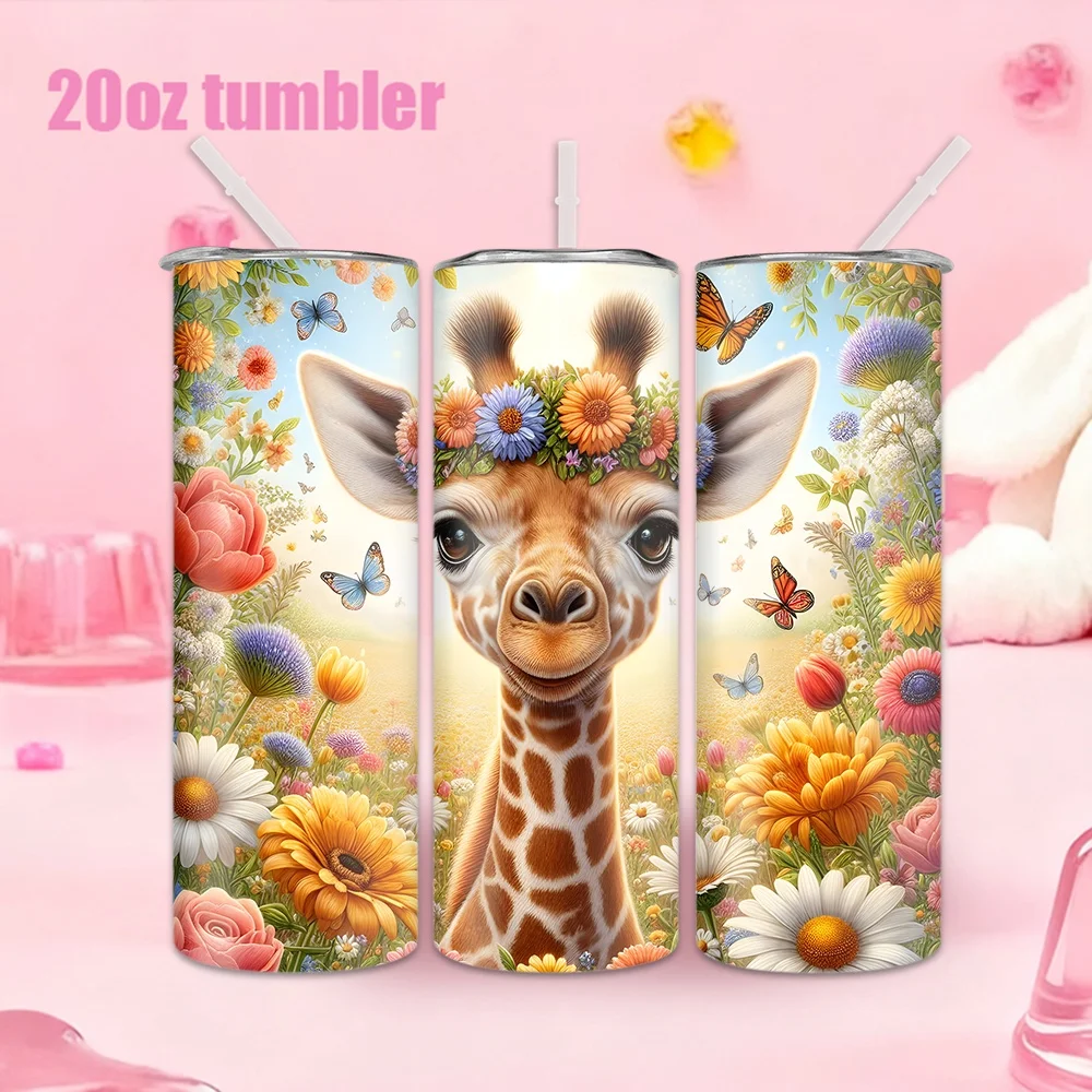 1pc Stainless Steel Water Bottle/Cup with Garland & Giraffe Pattern – 20oz (591ml) – Includes Straw