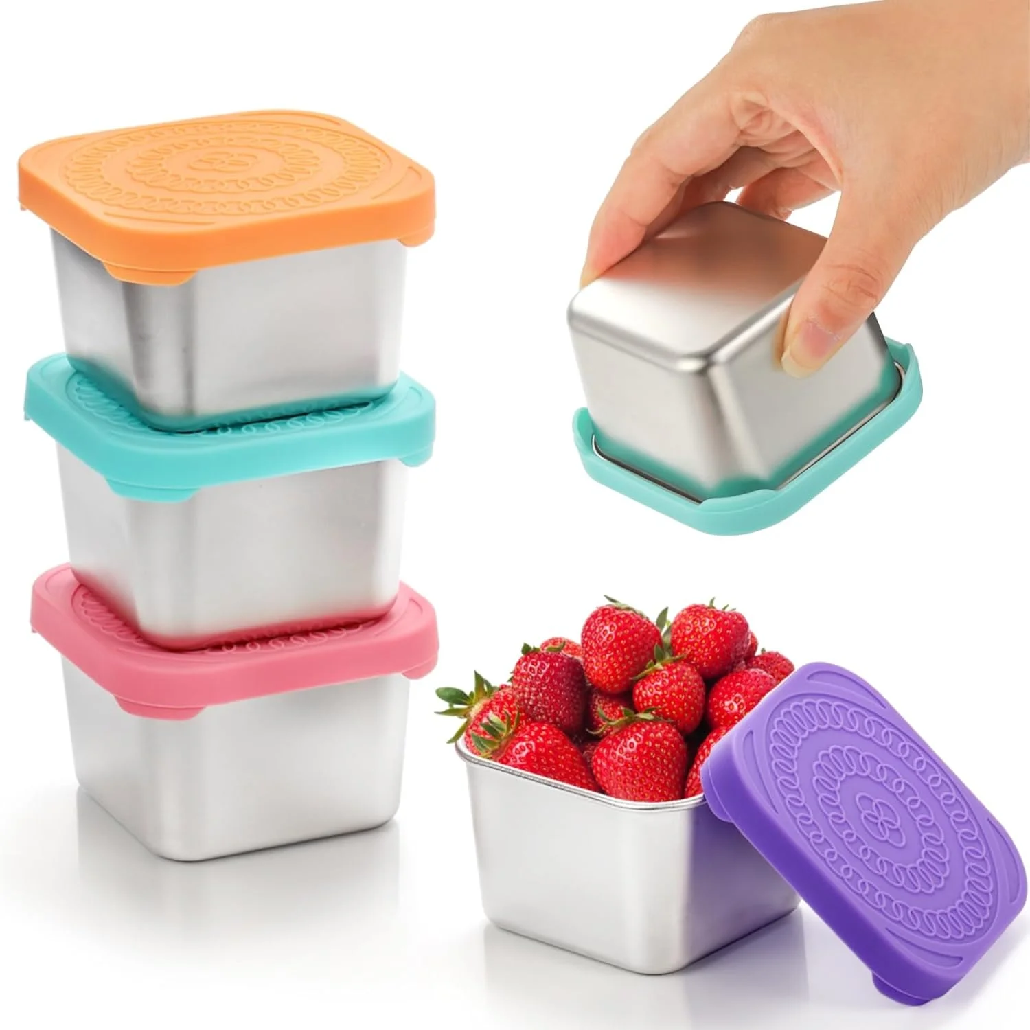 

4 Pack Stainless Steel Snack Containers for , 6 OZ Leakproof Metal Toddler Lunch Box with Silicone , Small Salad Dressing Contai