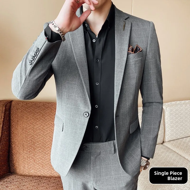 

Casual Korean Sle Slim Fit Wedding omsmen Cheered Suit Jaet Single Breasted Faionable Autumn Polyester Long Sve