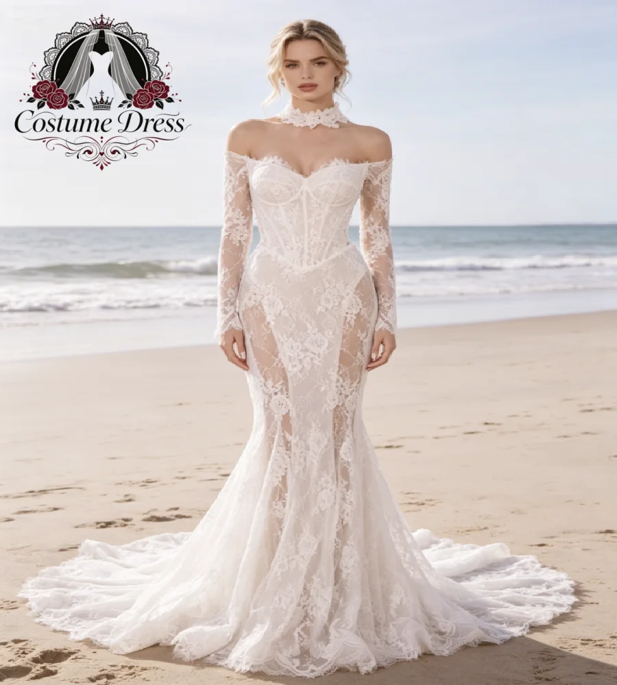 Romantic Off Shoulder Mermaid Wedding Dress Sheer Lace High Lace Choker Neck Boho Beach Bridal Gowns 2027 Corset Bodice Custom