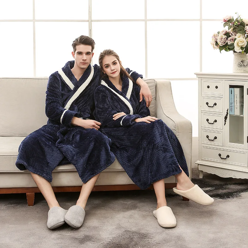 New In Autumn Winter Large Size Thickening Nightgown Men Women Warm Flannel Bathrobe Lengthen Couple Lounge With Pockets