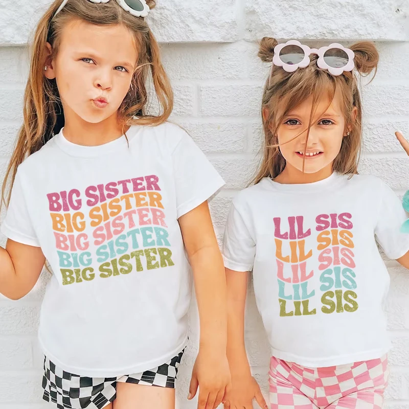 Big Sister Little Sister Print T-shirt for Girl Siblings Matching Outfit Tops Summer Sibling T Shirt Retro Children Clothes Tee