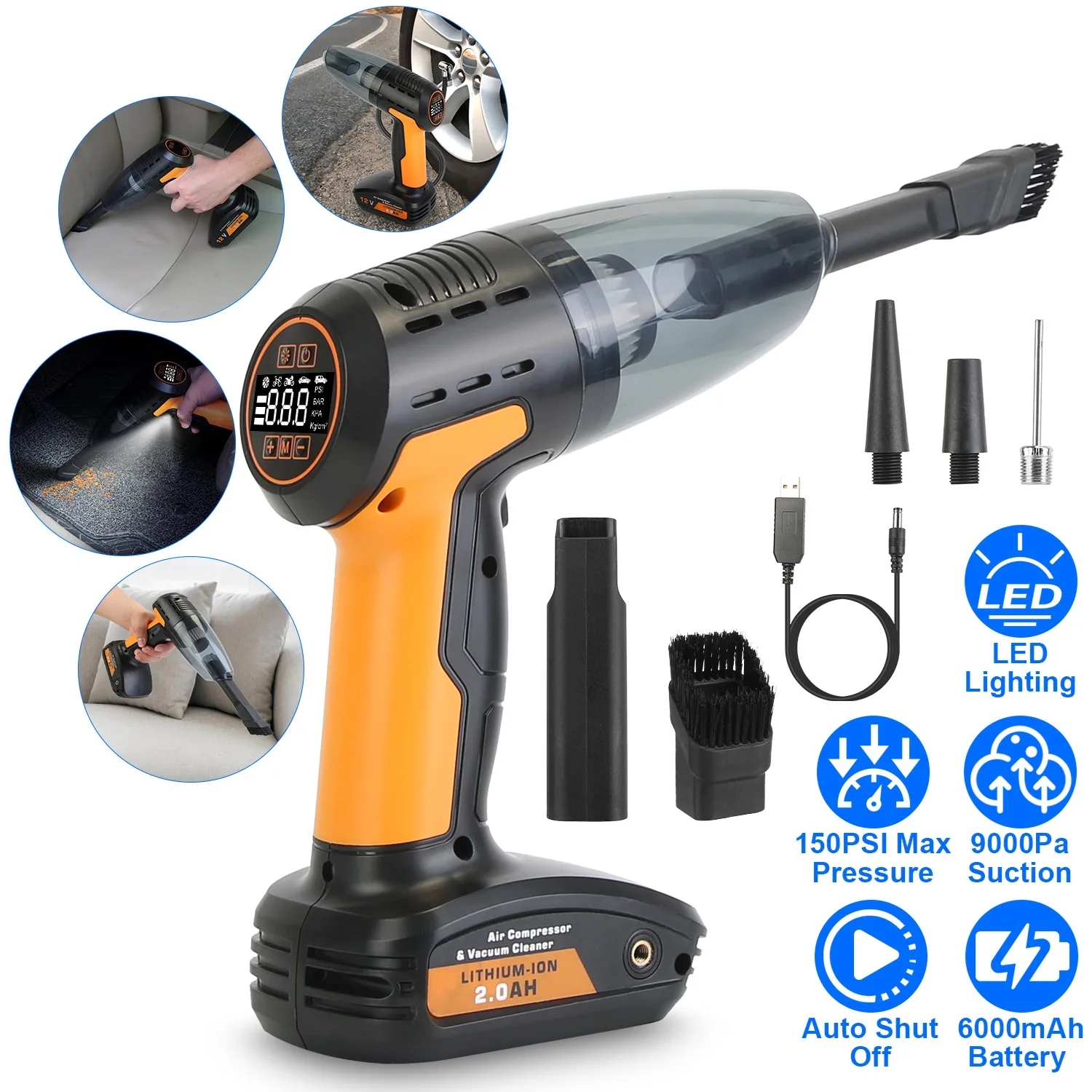 

1Pc Cordless 4-in-1 Car Vacuum Cleaner & Tire Inflator Air Pump, LED Light, Digital Pressure Gauge, 150PSI, Rechargeable