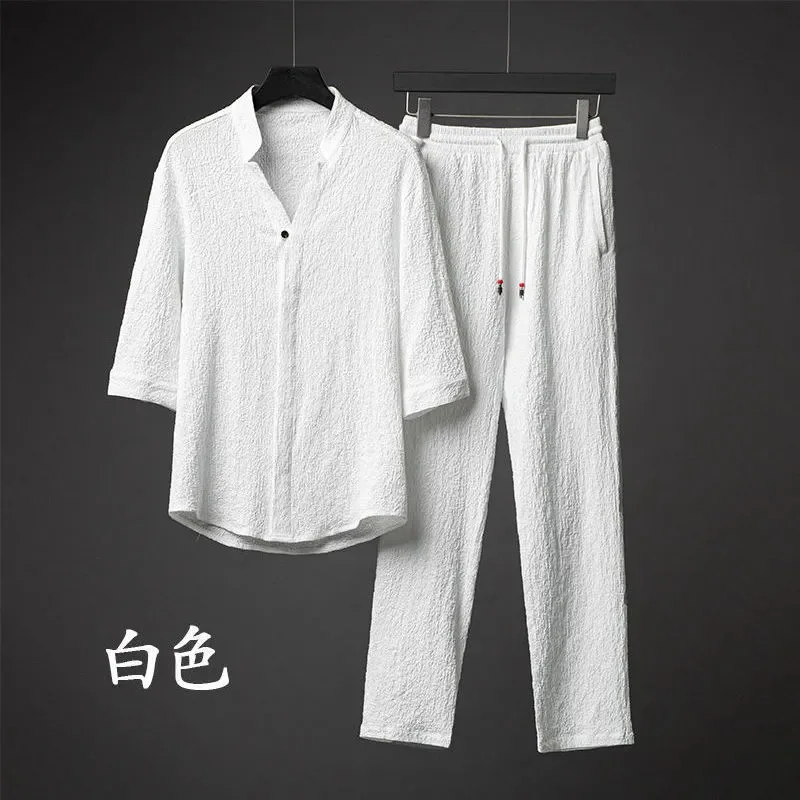 

Men's Cotton 2Pcs Outfits, Casual Lapel Button Up Long Sleeve Shirt And Shorts Set For Spring Summer, Men's Clothing For Daily