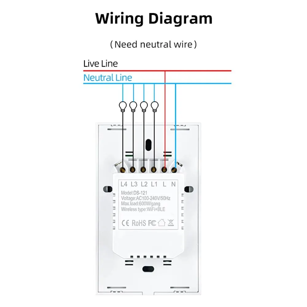 Tuya WiFi Smart Light Switch Neutral Wire Required Wall Touch Switch US Smart Life Work with Alexa Google Home 1/2/3/4 Gang