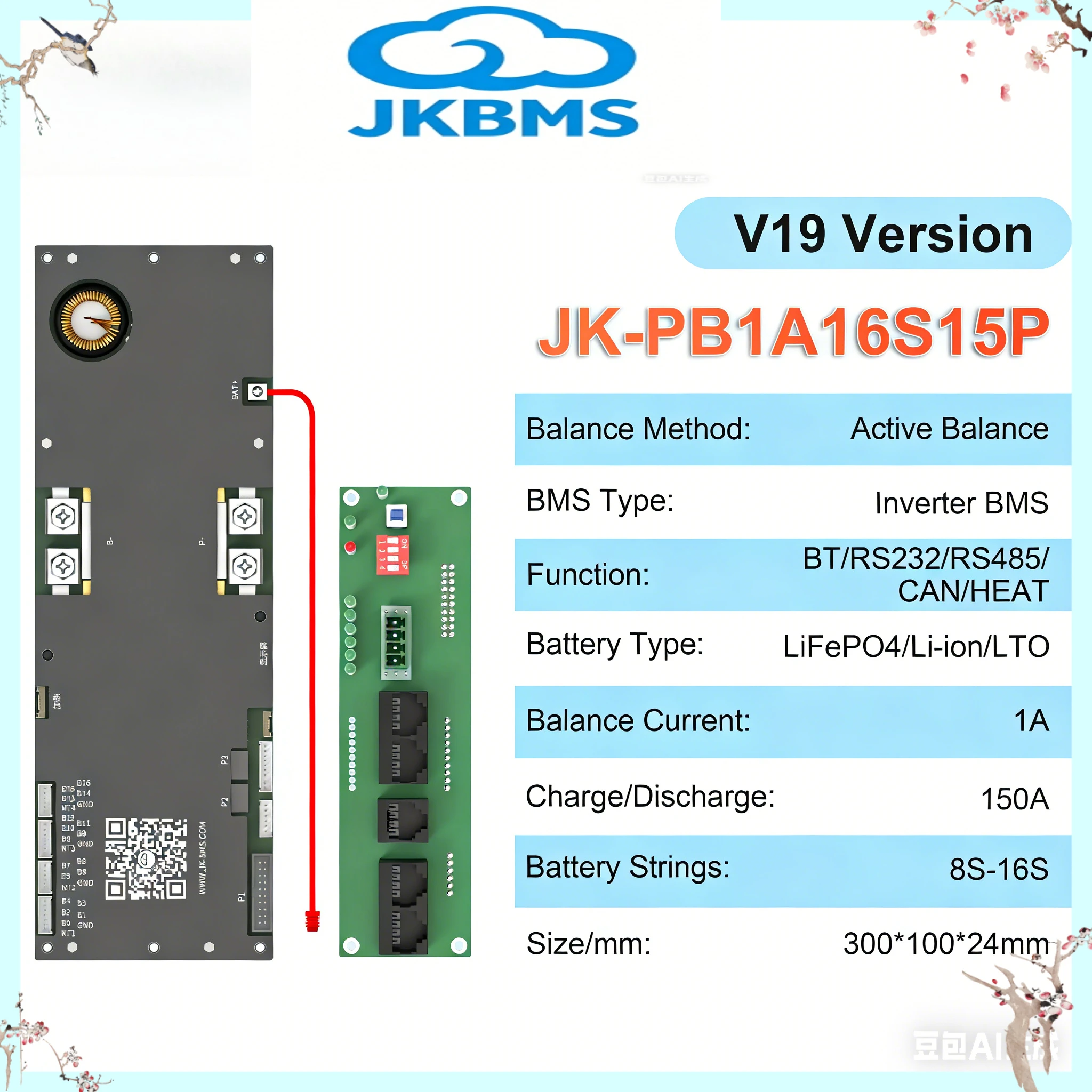

Jk smart bms 8s-16s lifepo4 Li-Ion Battery 24V 48V 72V 100A 150A 200A Household Energy BMS JIKONG Inverter Active balancer 1A 2A