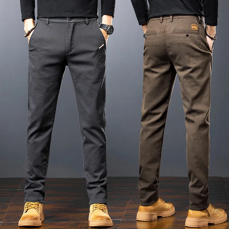 Spring Men's Slim Casual Pants Business Straight Twill Cotton Elastic Trousers Brand Fashion Korean Clothing Coffee Black Gray