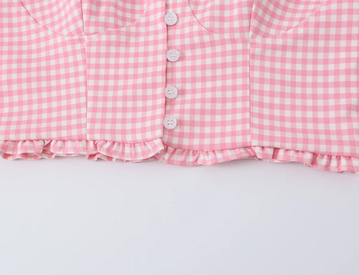 HH Rosa Gingham Bustier Cami Top Sommer Spaghetti-Träger-Top mit Knöpfen vorne und Rüschensaum, kurzes Korsett für Damen, lässiges Strand-Outfit – Detail 9