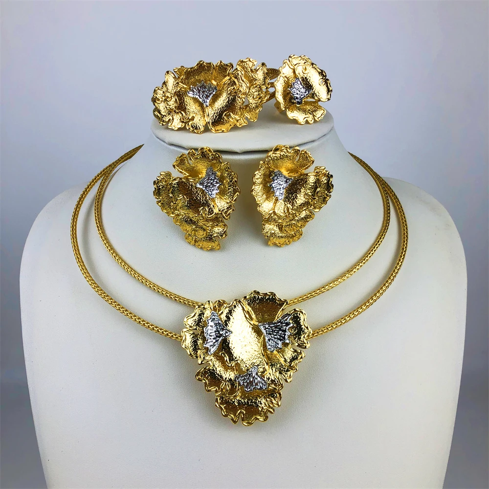 ESALE Gold Plated Woman Jewelry Set Luxurious Flower Necklace Earrings Elegant Woman Dinner and Wedding Bijoux